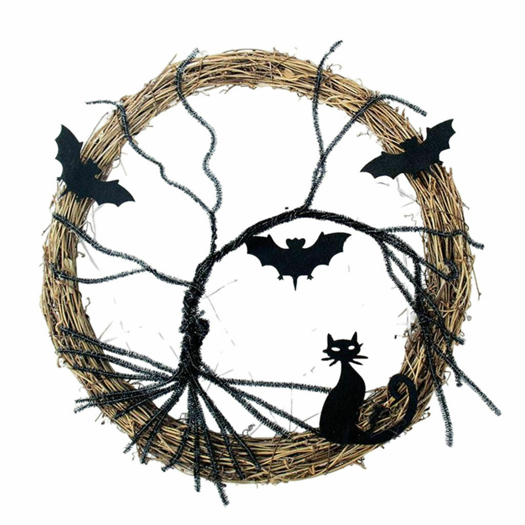 Happy Halloween Wreath Lighted Decor Black Bat Cat Purple Lights for Outdoor