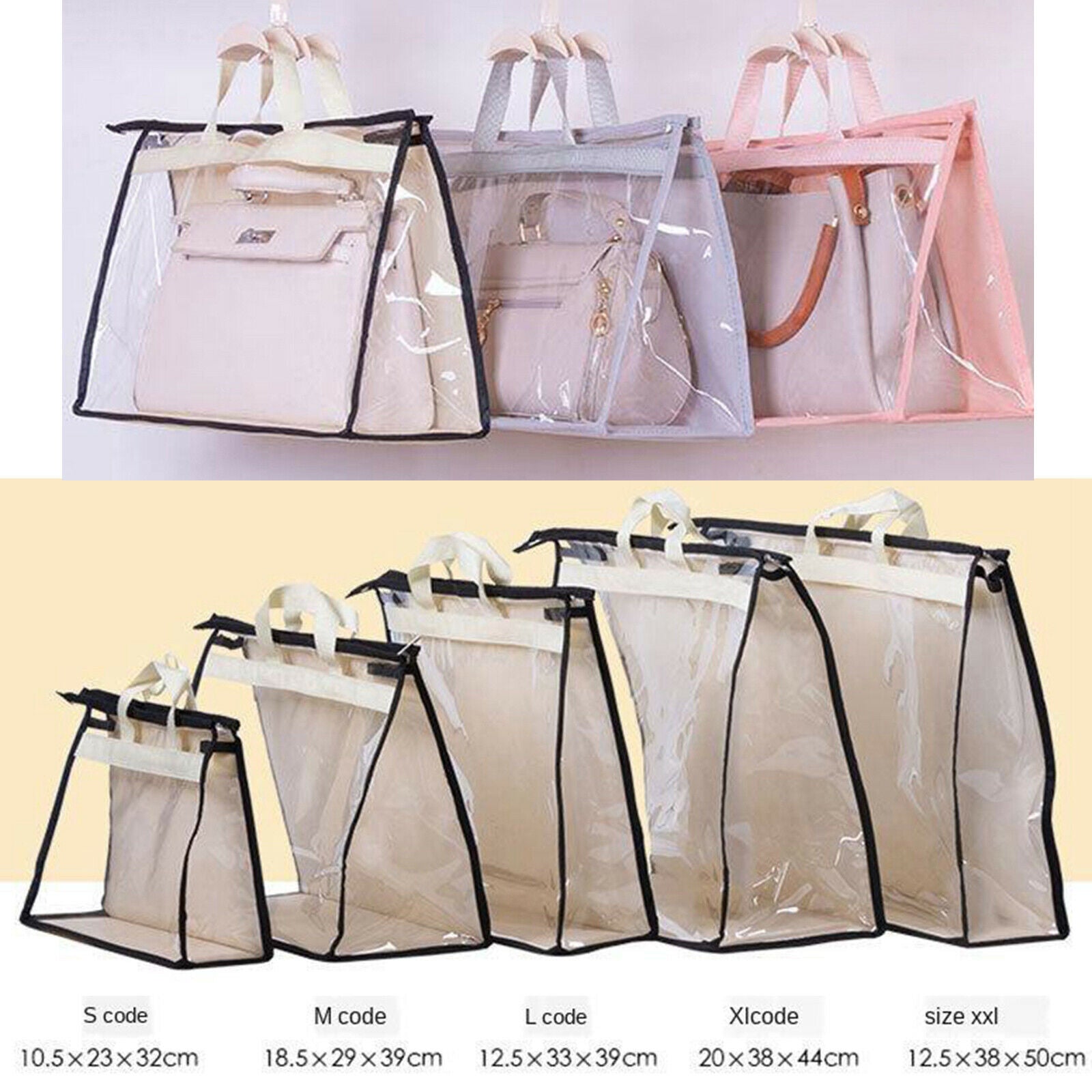 Handbag Organizer for Wardrobe Closet Transparent Storage Container Beige S