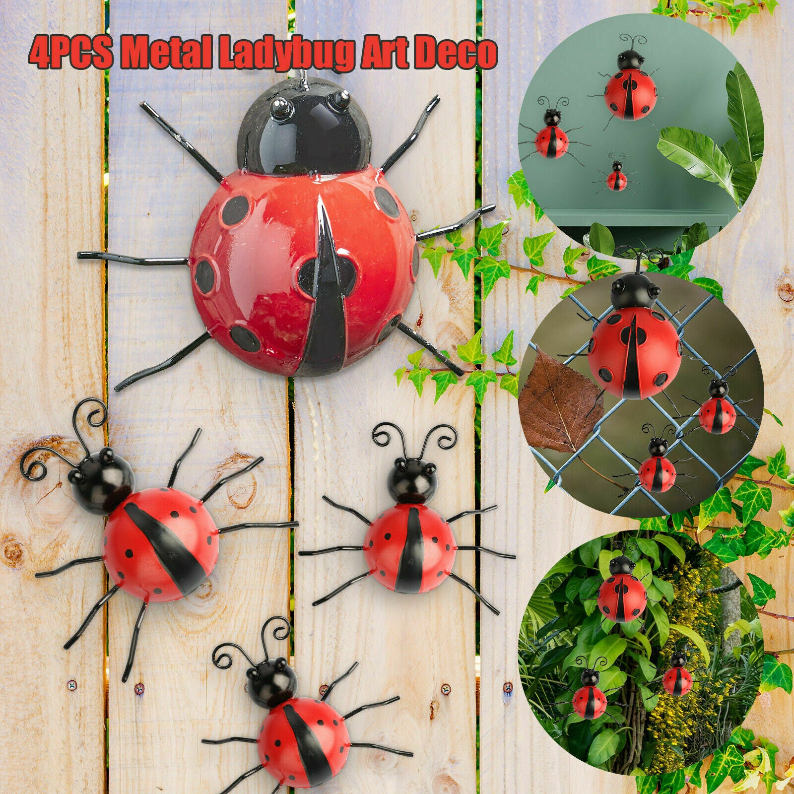 Set of 4 Metal Bugs Ladybugs Wall Ground Fence Garden Outdoor Art Decor ladybug