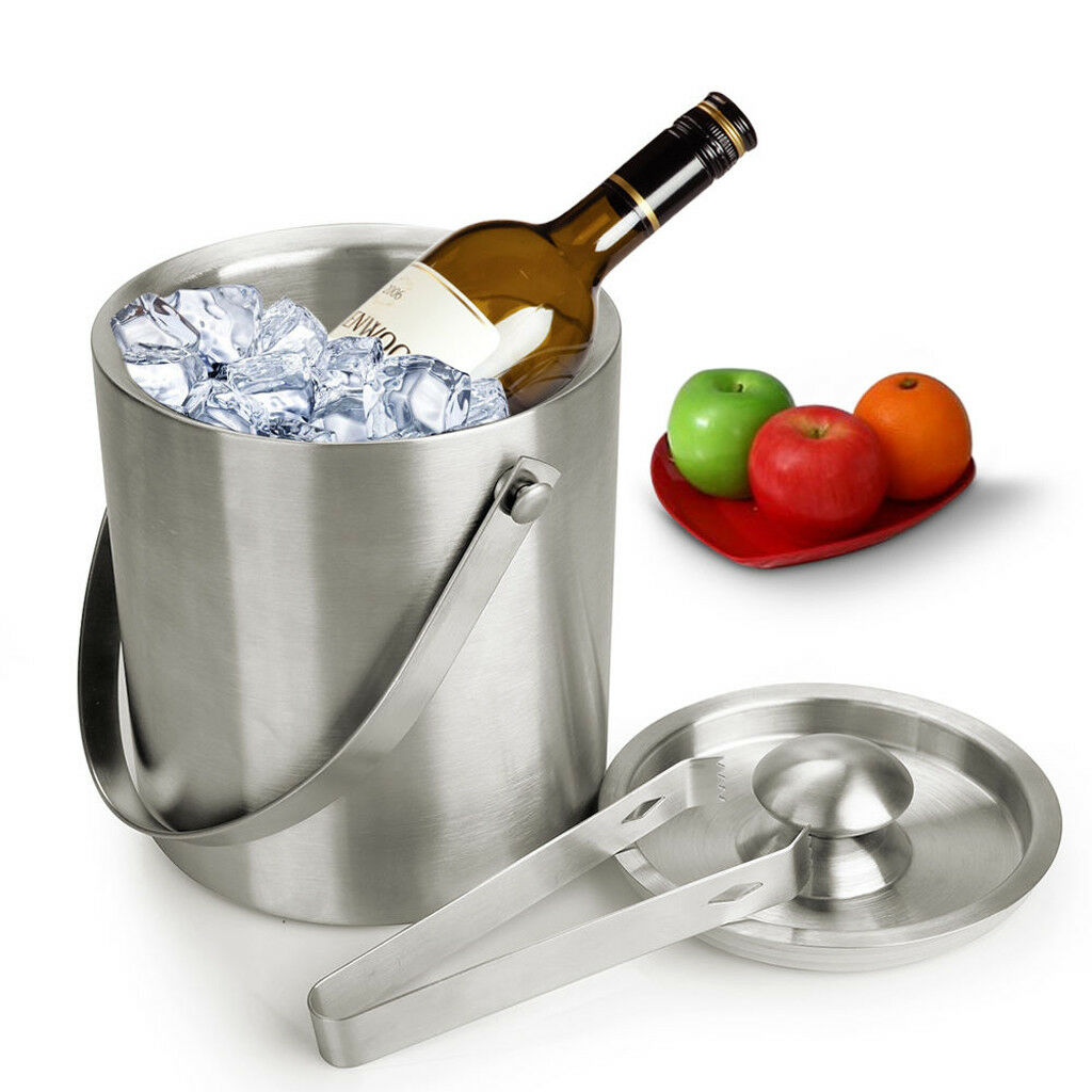 3L Metal Double Walled Ice Bucket Whisky Beer Wine Cooler With Lid Handle