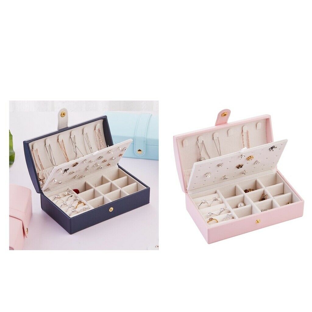 Set of 2 Travel Compact Jewelry Box Organizer for Necklace Ring Solid Color