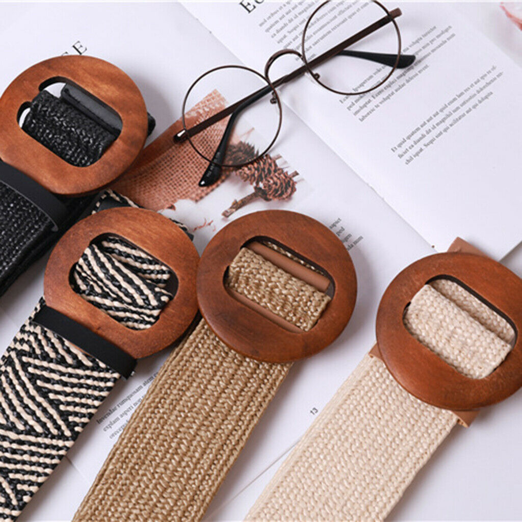 Braided Waistband Cinch Belt with Round Wooden Buckle Decorative Dress Belts