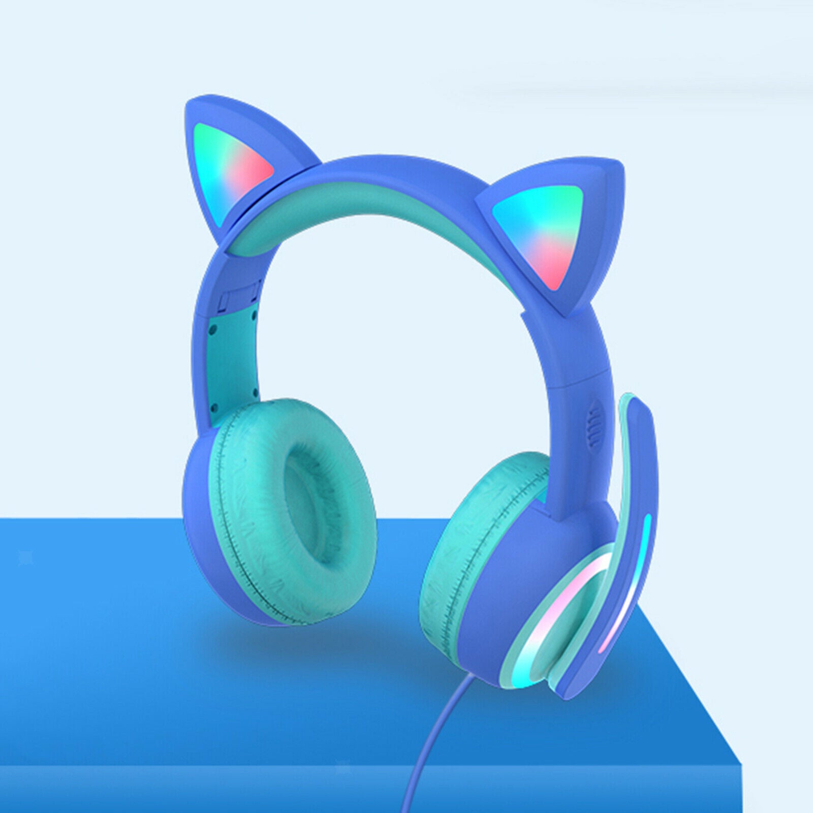 Kid LED Fashion Cute Cat Ear Headphones On-Ear Headsets with Mic Foldable Wired