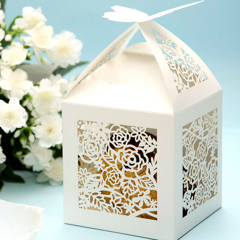 50pcs Hollow Rose Flower Wedding Butterfly Candy Boxes Gift Favor White
