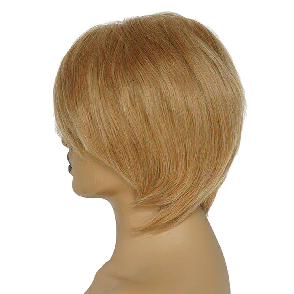 Natural Human Hair Short Straight Brown Pixie Cut Full Hair Wig Side Part