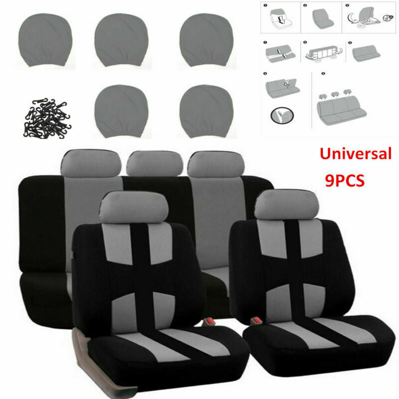 9PCS Universal Auto Car Seat Covers Cushion Full Set Front+Rear For Sedans Gray