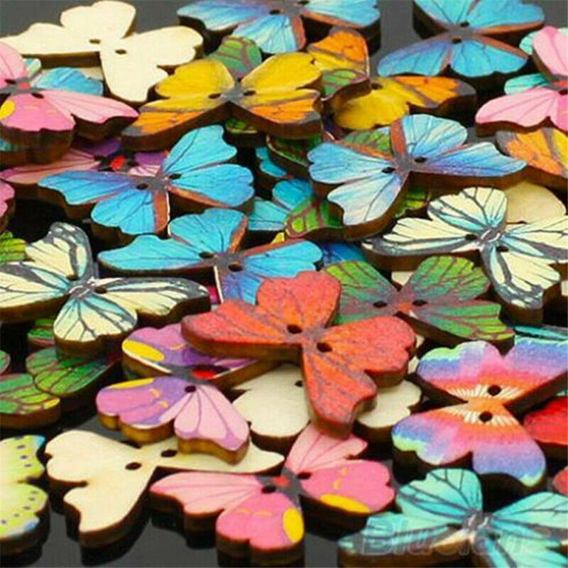 100 Pcs Butterfly Wooden Button Sewing DIY Scrapbooking Flatback 2 Holes Buttons