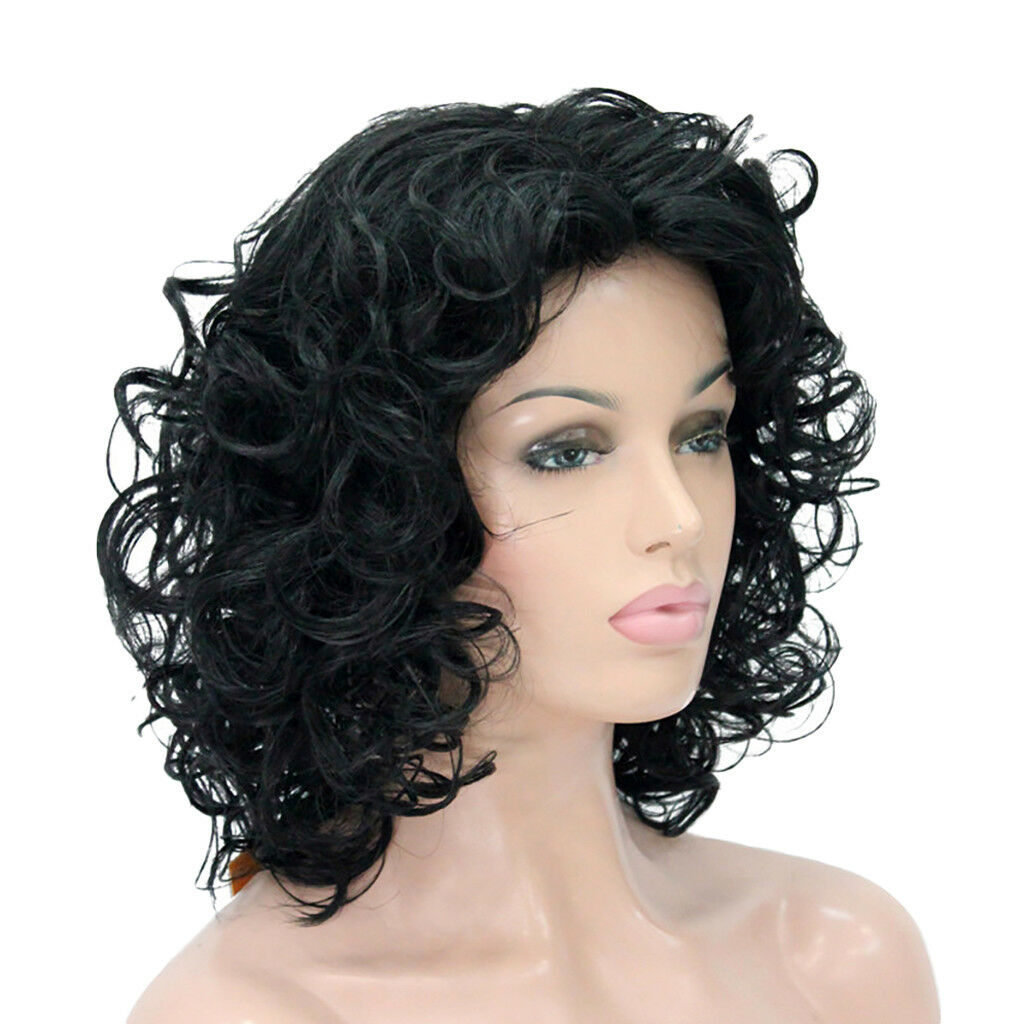 Shoulder Length Women Short  Kinky Curly Synthetic Hair Wigs Black