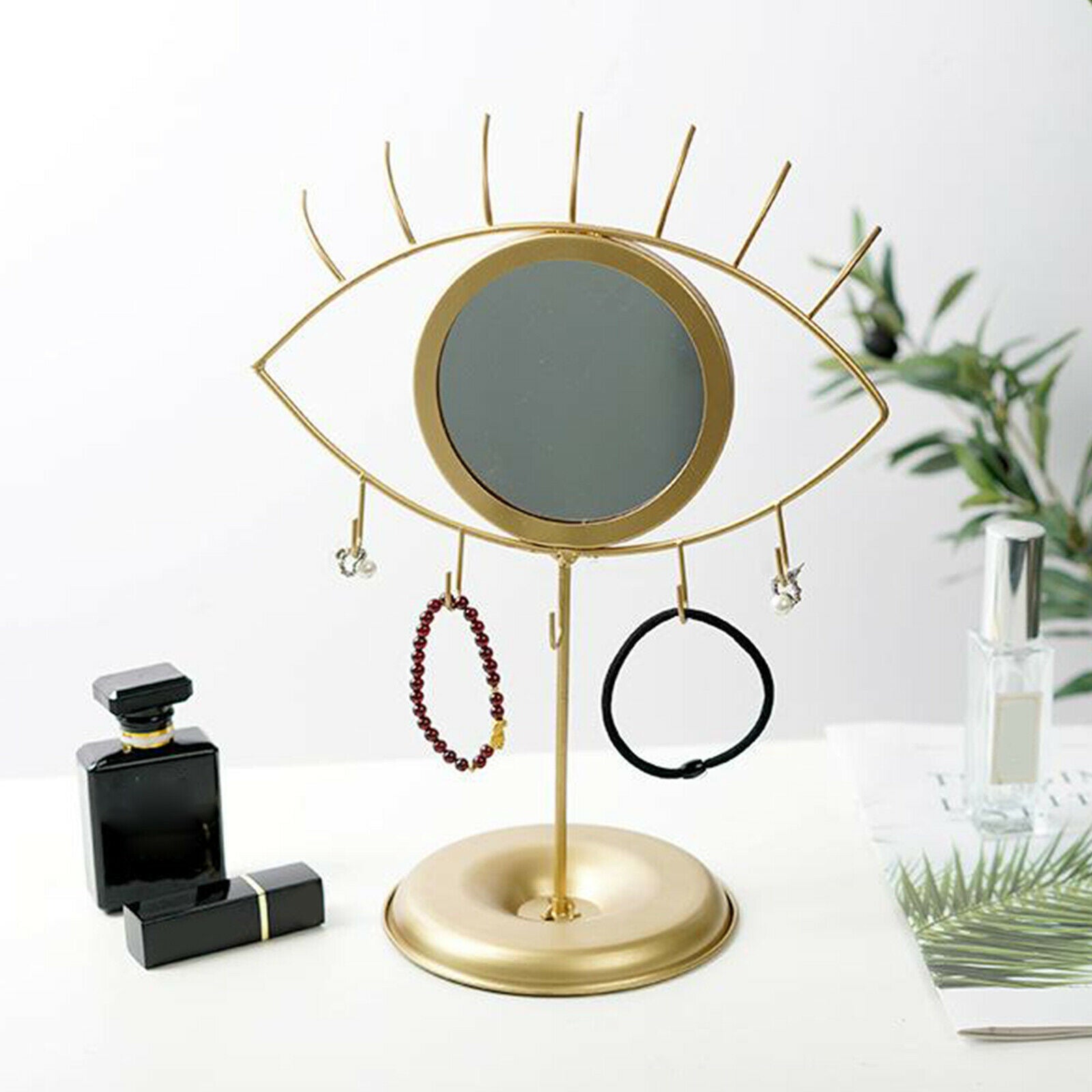 Eye Shaped Vanity Makeup Cosmetic Mirror Tabletop with Jewelry Hook for Earring
