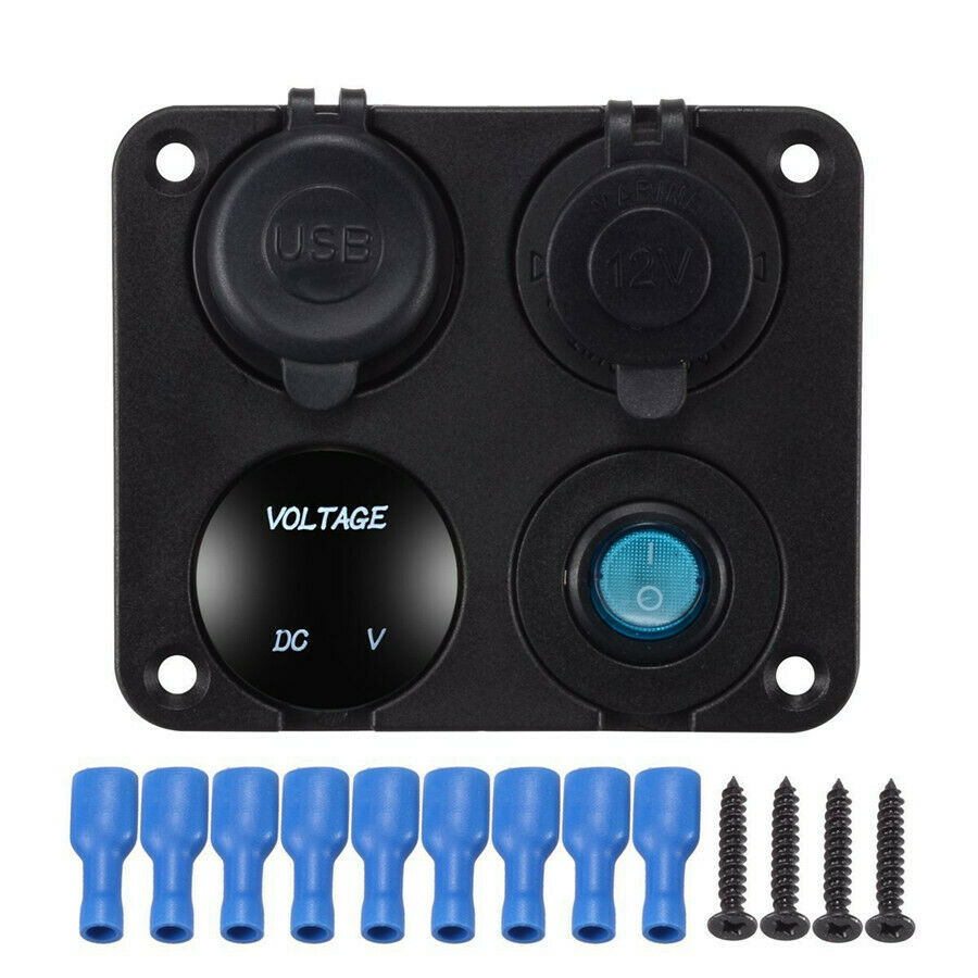 Blue LED Dual USB Car Charger+Voltmeter+12V Power Socket+On-Off Switch Panel Kit