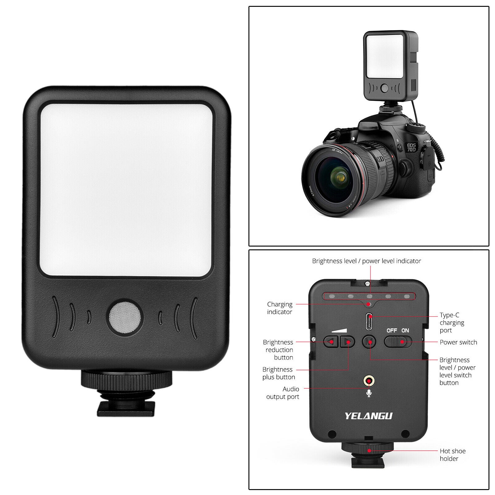 LED Video Light Mic Recording Camera Photo Light Rechargeable Battery Video
