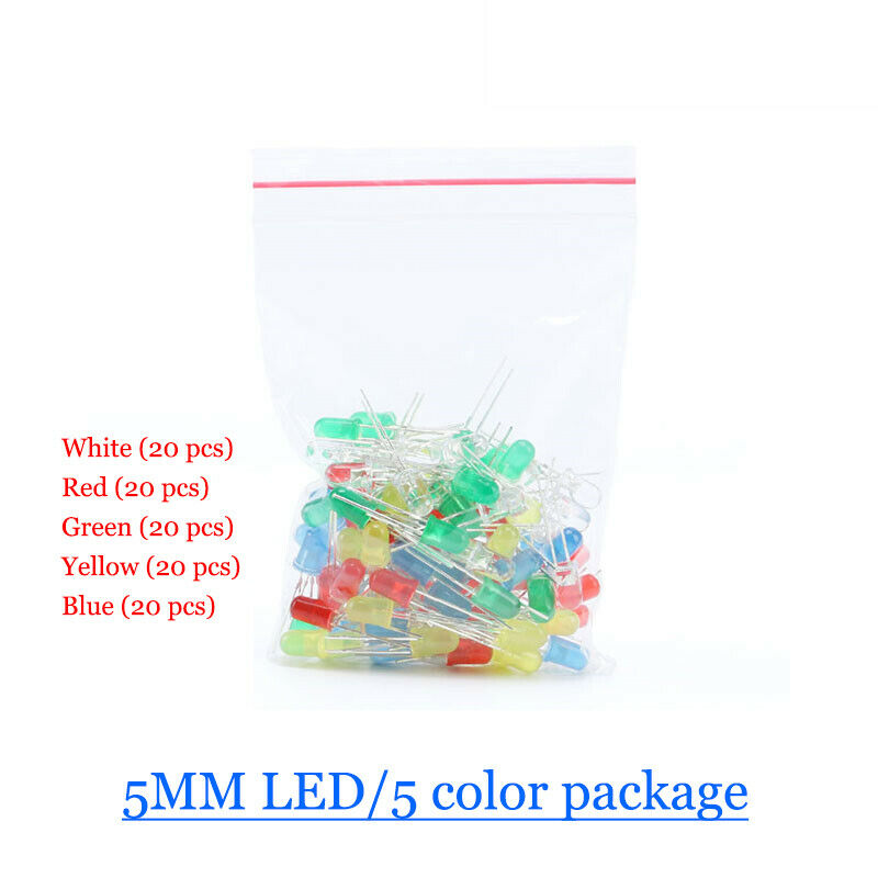 100pcs 5mm Bright LED Light Emitting Diode Component Kit for PCB Circuit