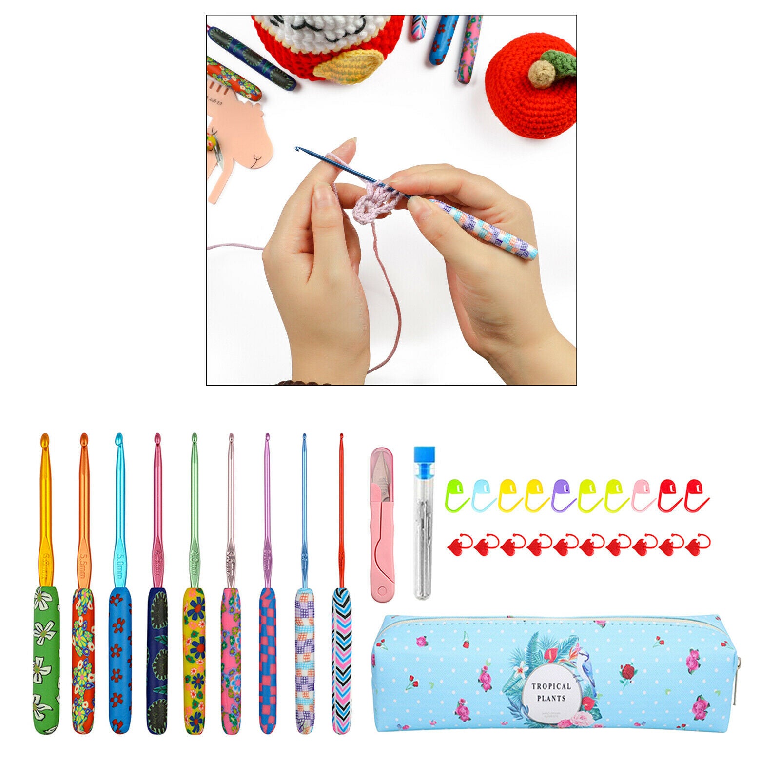 Crochet Hooks Set, 9 Pieces 2mm-6mm Soft Pottery Handles Yarn Knitting Needles