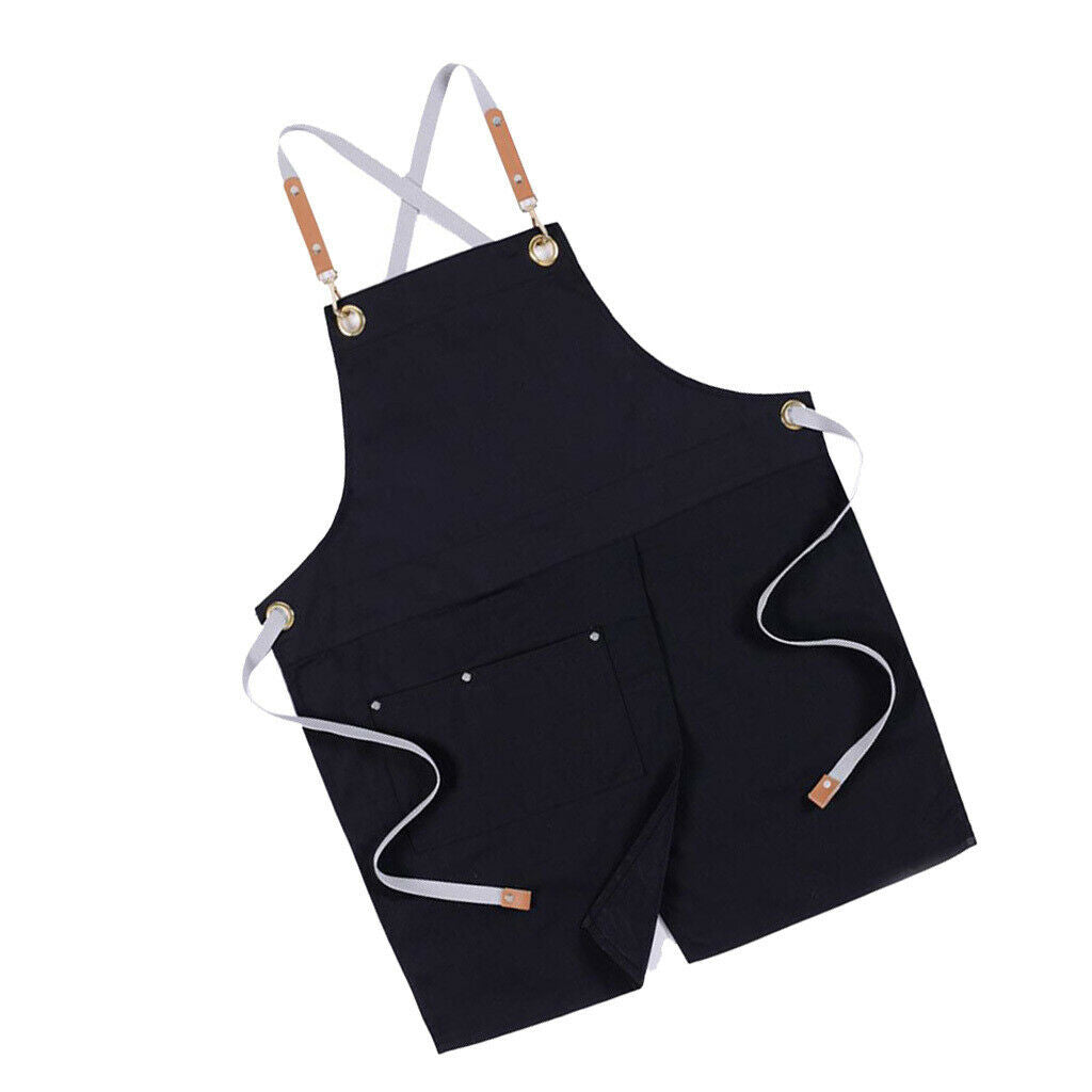 2Pcs Black Denim Apron Unisex Kitchen Bar Leather Cross Back Straps