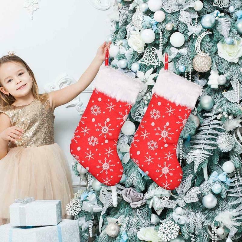 Embroidery Snowflake Christmas Stockings Candy Bag Xmas Plush Wide-Brimmed Red