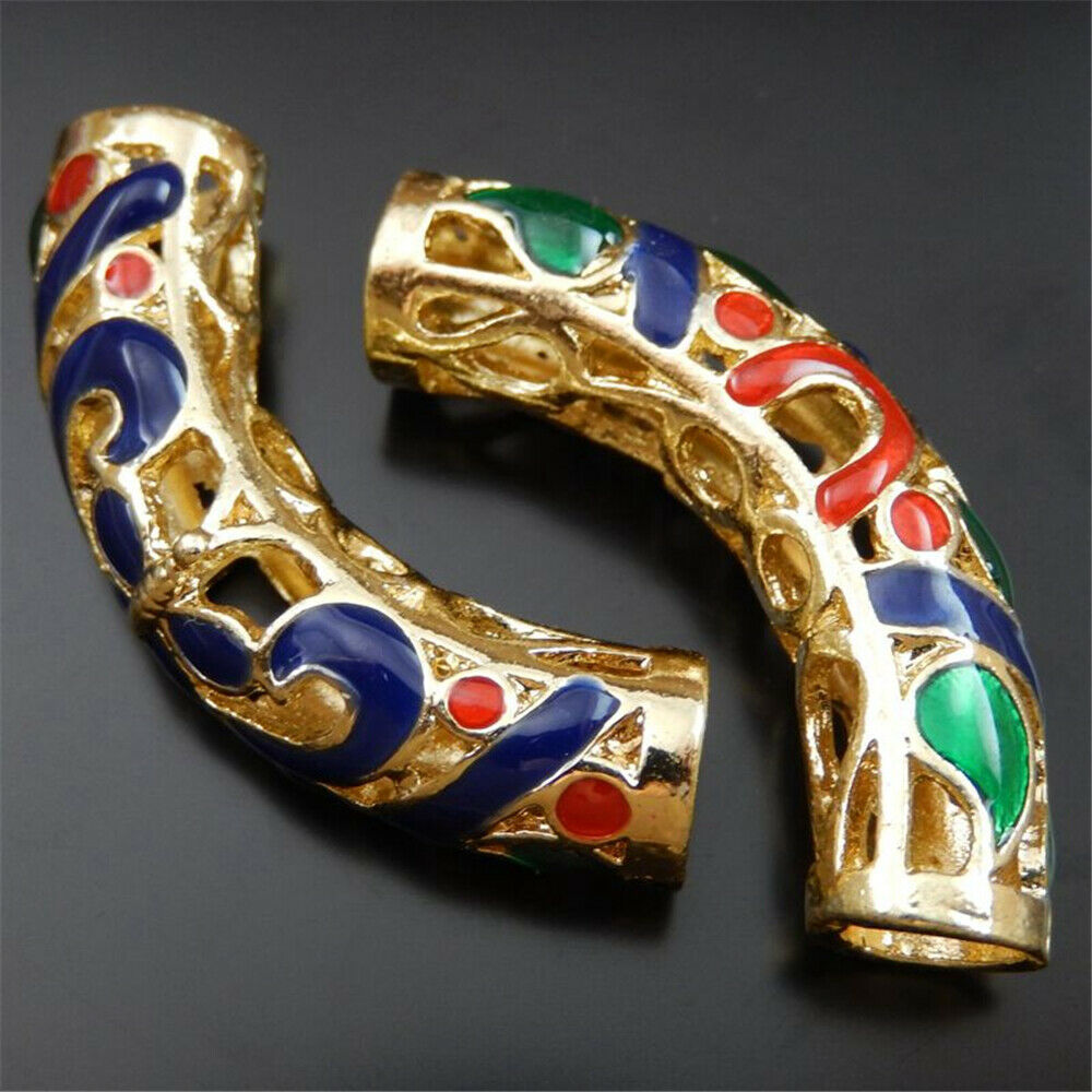 3 Golden Hollow Bent Floral Tube Bead Charm Enamel Alloy Pendant Jewelry 46*10mm