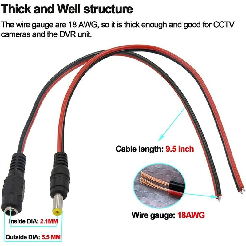 10 Pairs DC Power Pigtail Cable Wire,12V 5A Male & Female Connectors for CCTL6Q8