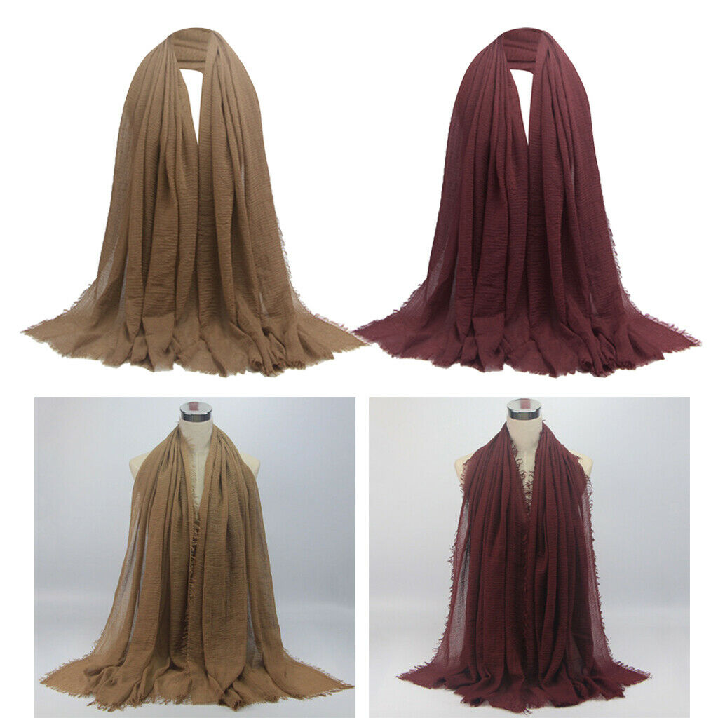 2Pcs Fashion Soft Long Scarf Plain Pleated Hijab Shawl Turban Head Scarf