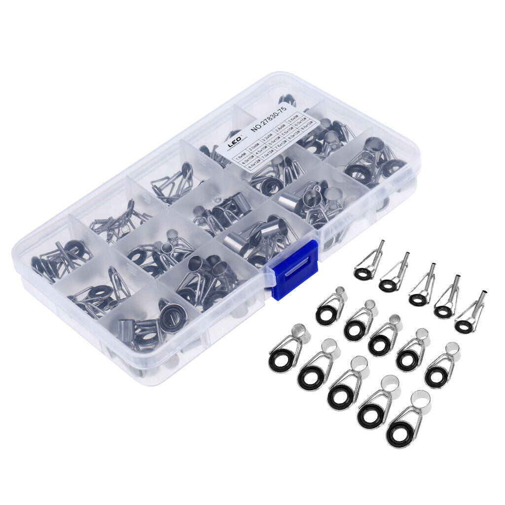 75pcs Fishing Rod Guides Tip Rings Set Rod Repair Kit DIY Eye Rings with Box