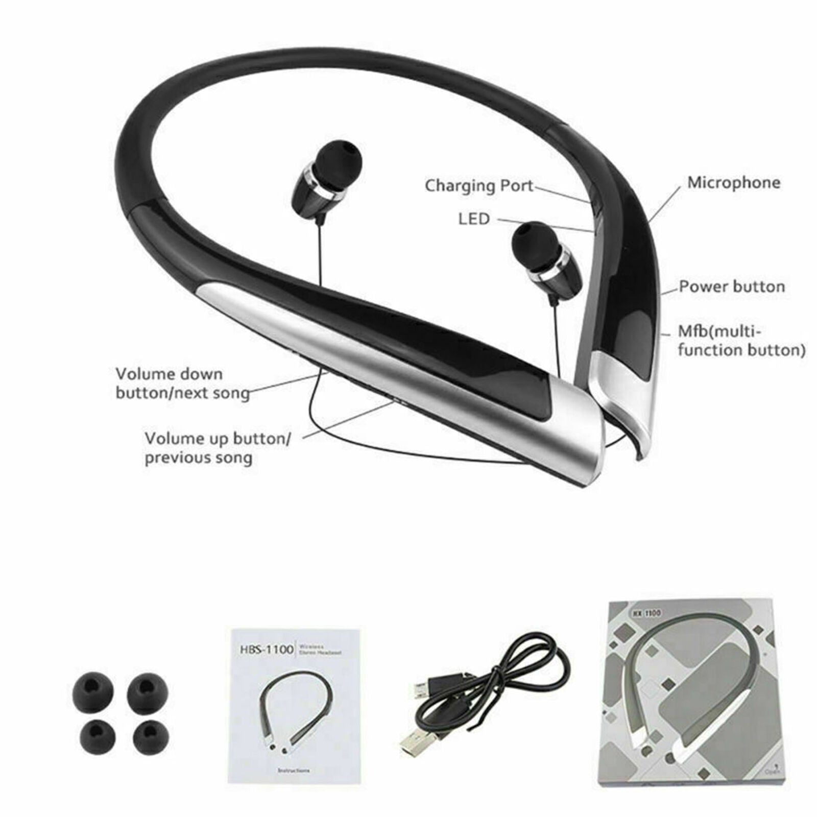 Wireless Headset HBS-1100 Stereo Bluetooth Headphone Binaural Neckband Earphones