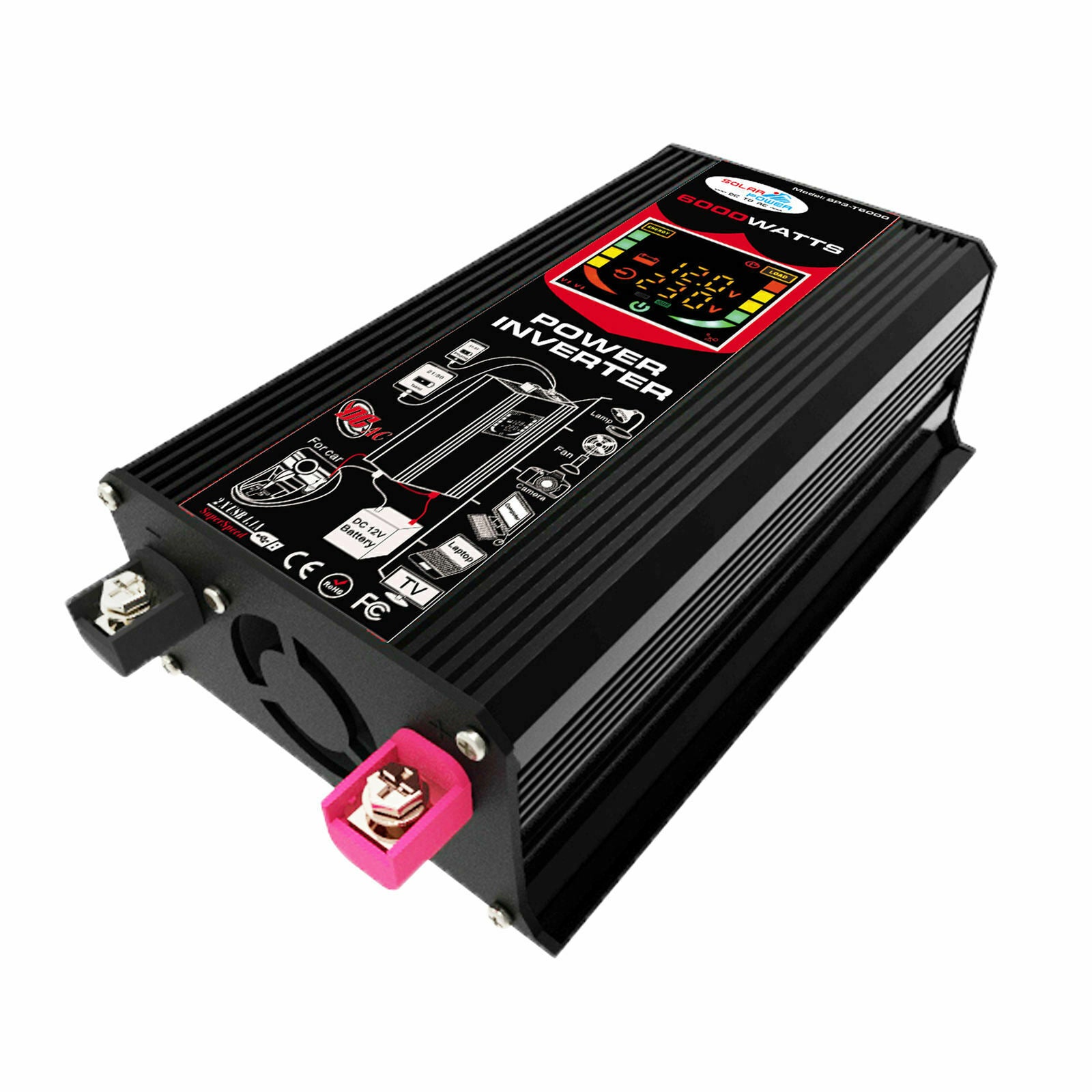 6000W Peak Car Power Inverter 12V to 110V DC to AC Dual USB Port Black