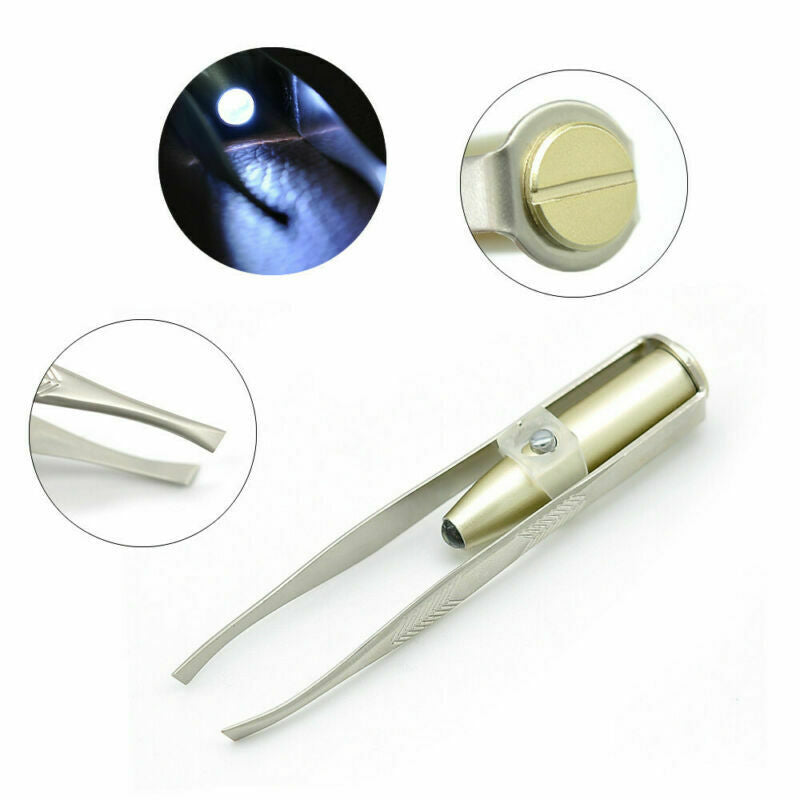 1pc Stainless Steel LED Light Eyebrow Tweezer Clip Eyelash Hair Removal Tool Pro