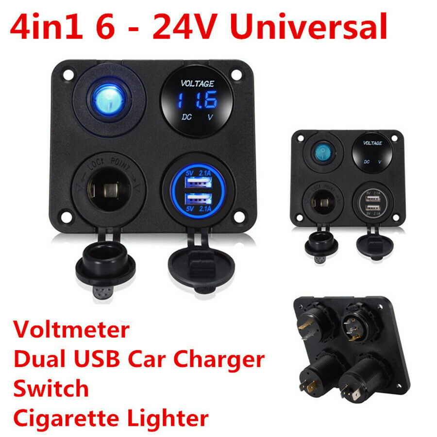 Blue LED Dual USB Car Charger+Voltmeter+12V Power Socket+On-Off Switch Panel Kit