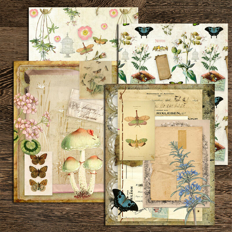4 Sheet Retro Paper Pad Butterfly Flower Scrapbooking Planner Background Collage