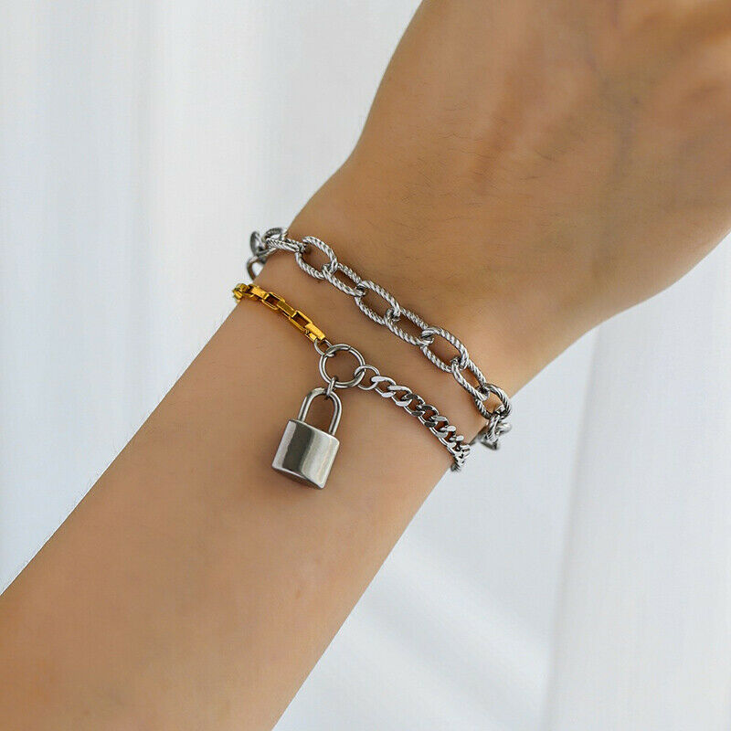 Punk Double Layer Lock Chain Bracelets Female Bracelet Bangles for Women .l8