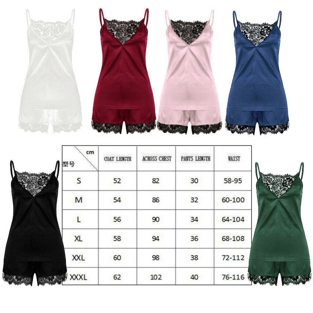 Wine Red Women's Lace Satin Sleepwear Cami Top and Shorts Pajama  M