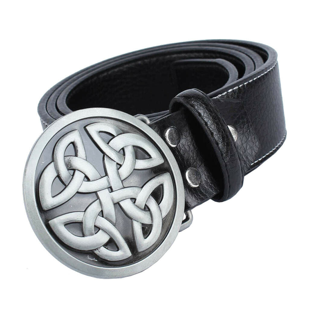 Adjustable Men's Leather Belt with Zinc Alloy Celtic Buckle for Jeans - Black,