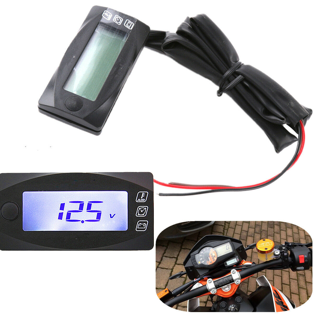 Black Motorcycle Digital Gauge Low Voltage Warning +Clock+Air Temperature Meter