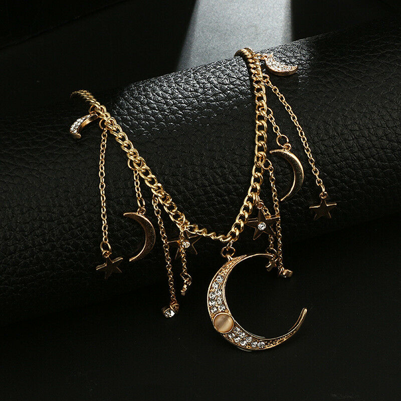 Fashion Star Moon Pendant Tassel Necklace Shiny Crystal Choker Women Jewe.l8