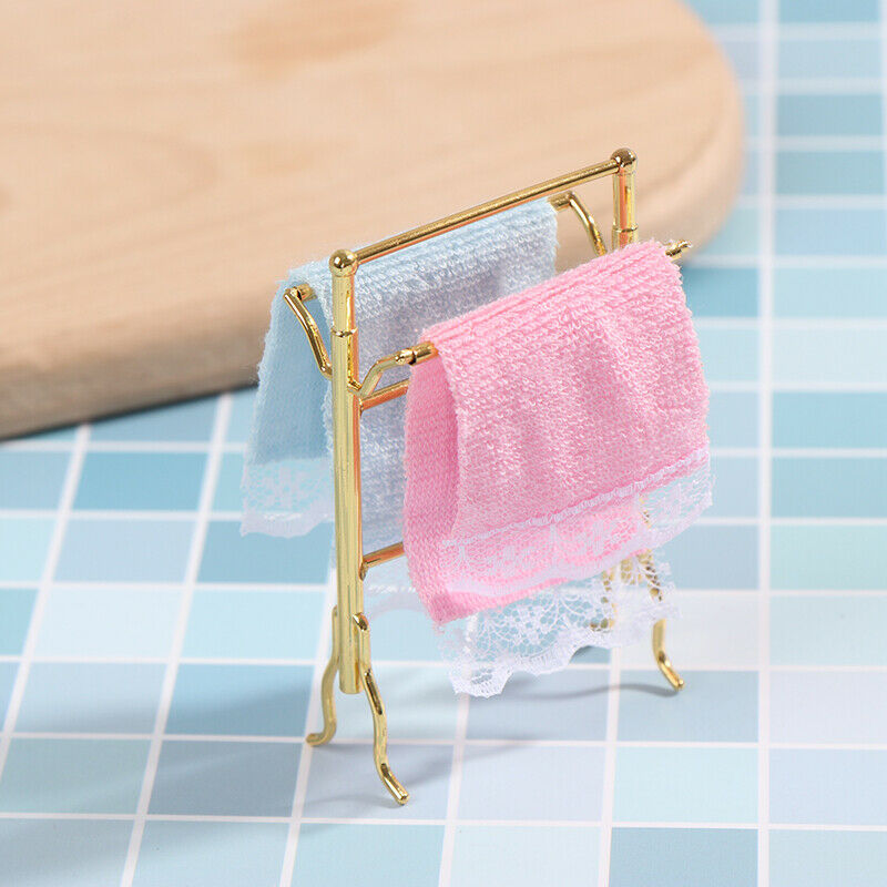 1:12 Metal Free-Standing Hand Towel Drying Rack with 2 Towels for Dollhou.l8