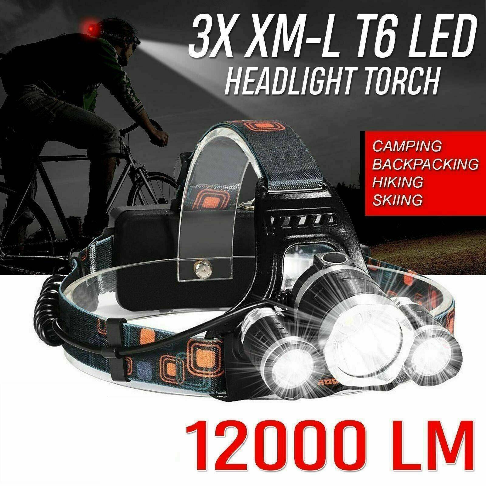 12000LM Rechargeable Head Torch Headlamp Light Lamp Kit 3 x XML T6 LED Zoom New