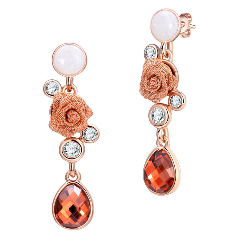 Chic Floral Roses Flower Drop Earrings Czech Drill Alloy Jewelry Accessories