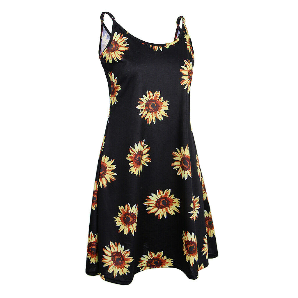 Women's Summer Sleeveless Adjustable Strappy Floral Swing Dress Sunflower L