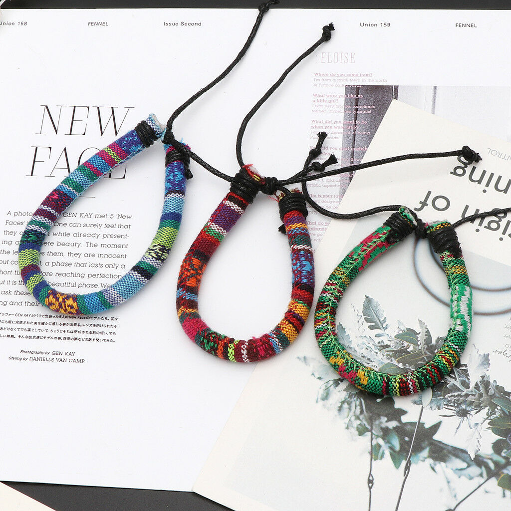3Pcs Friendship Ethnic Tribal Cotton Boho Linen Bracelet Braid Hemp Rope Jewelry