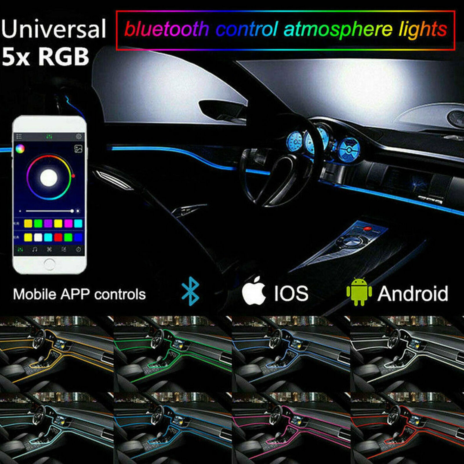 6M RGB LED Car Interior Fiber Optic Neon Wire Strip Atmosphere Light Kit APP