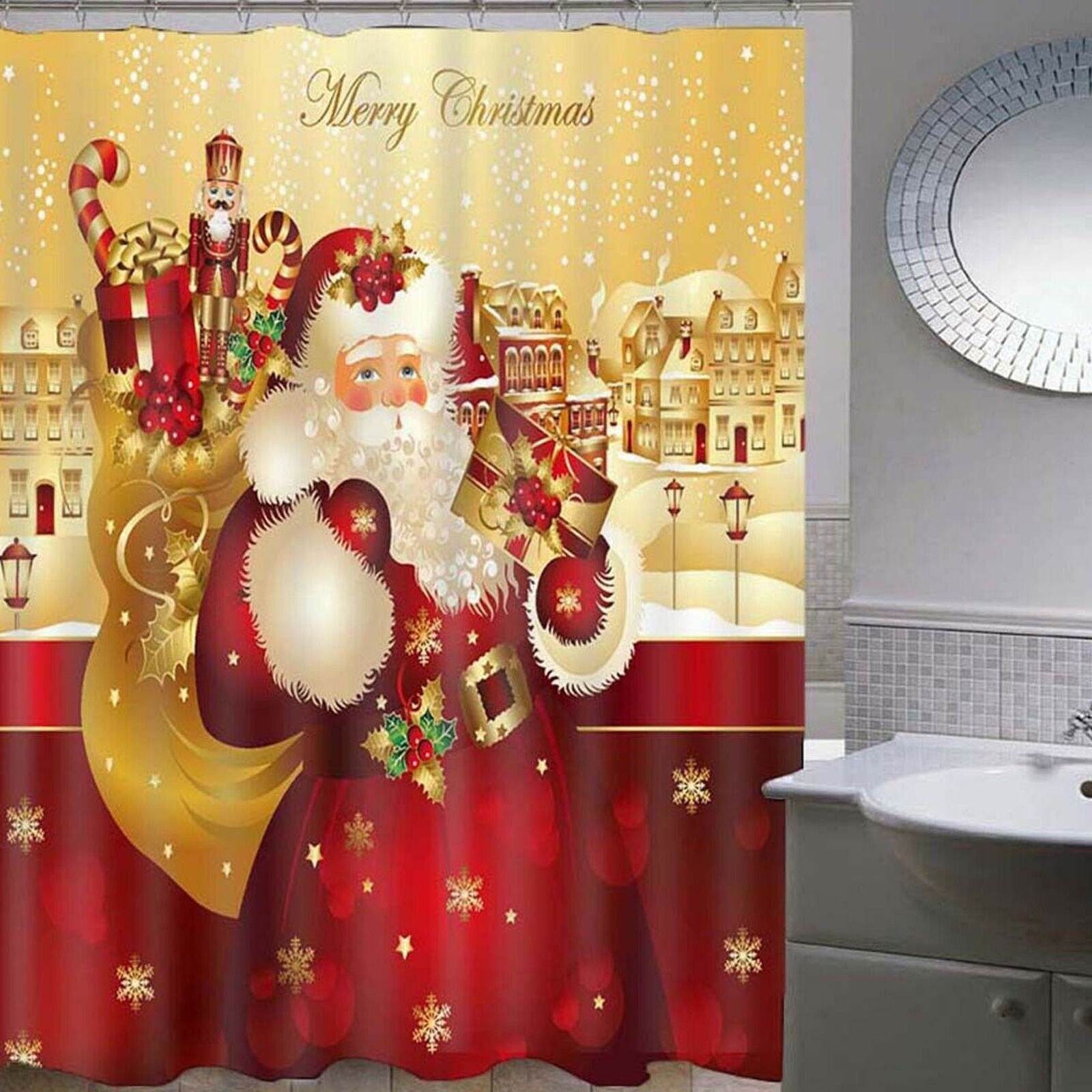 4Pcs Christmas shower Curtain Bathroom Anti-slip Carpet Rug Toilet Cover Mat Set