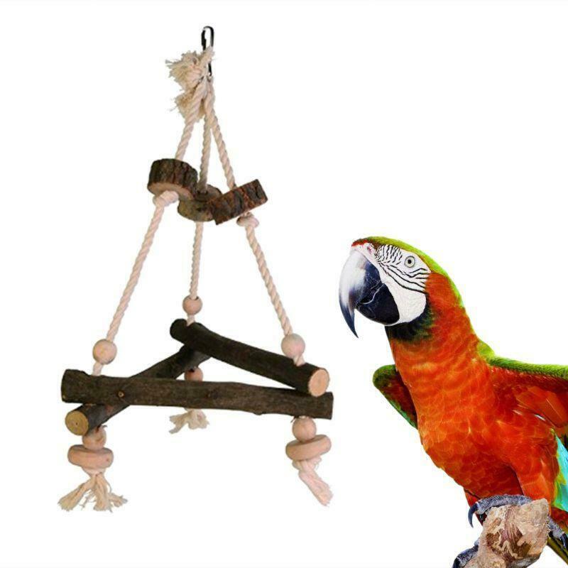 Natural Wooden Triangular Bird Swing Parakeet Bird Rope Stand Perch Chewing Toys