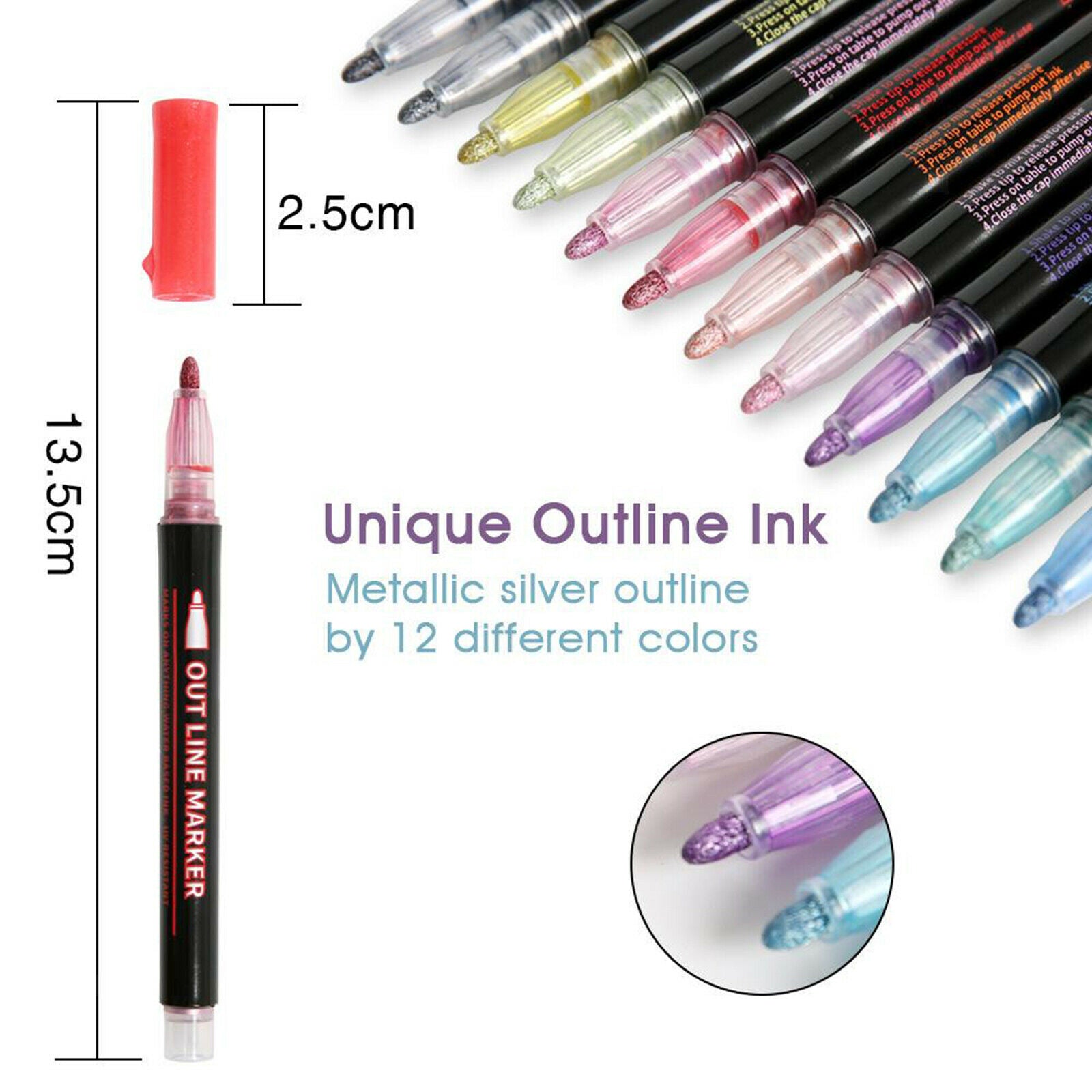 Double Line Outline Pen Metallic Markers 12 Colors Glitter Artist Pens DIY Craft