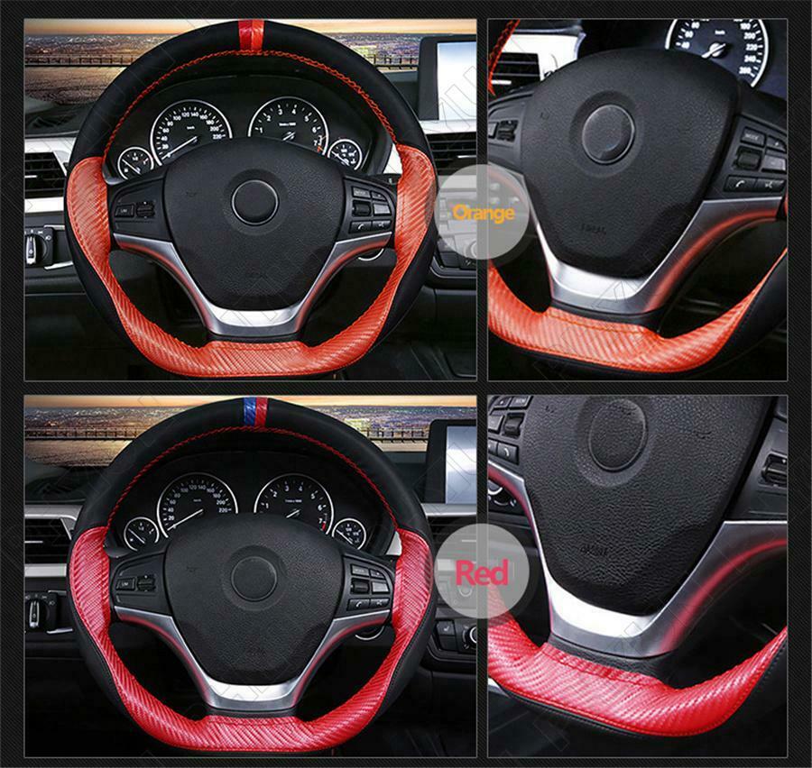38cm Brown PU Leather Car Steering Wheel Cover Carbon Fiber Look Auto Decoration