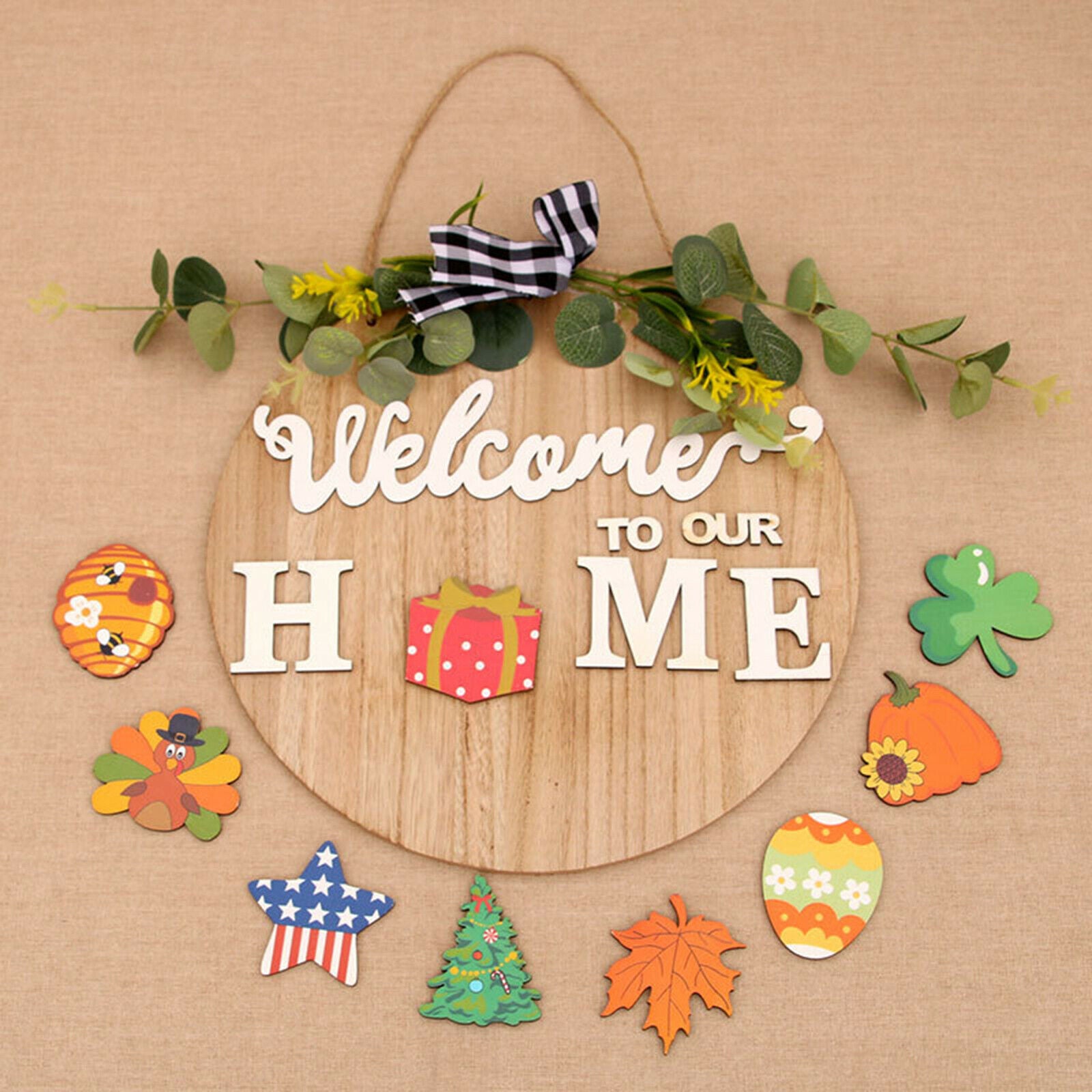 Front Door Decor Wooden Seasonal 11.8 inch Round Icons for All Seasons