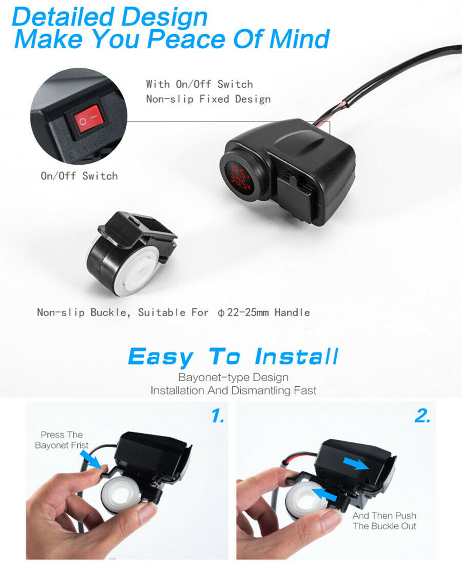 Motorcycle Bike Dual USB Charger 4.2A Digital Yellow LED W/ Phone Location Chip