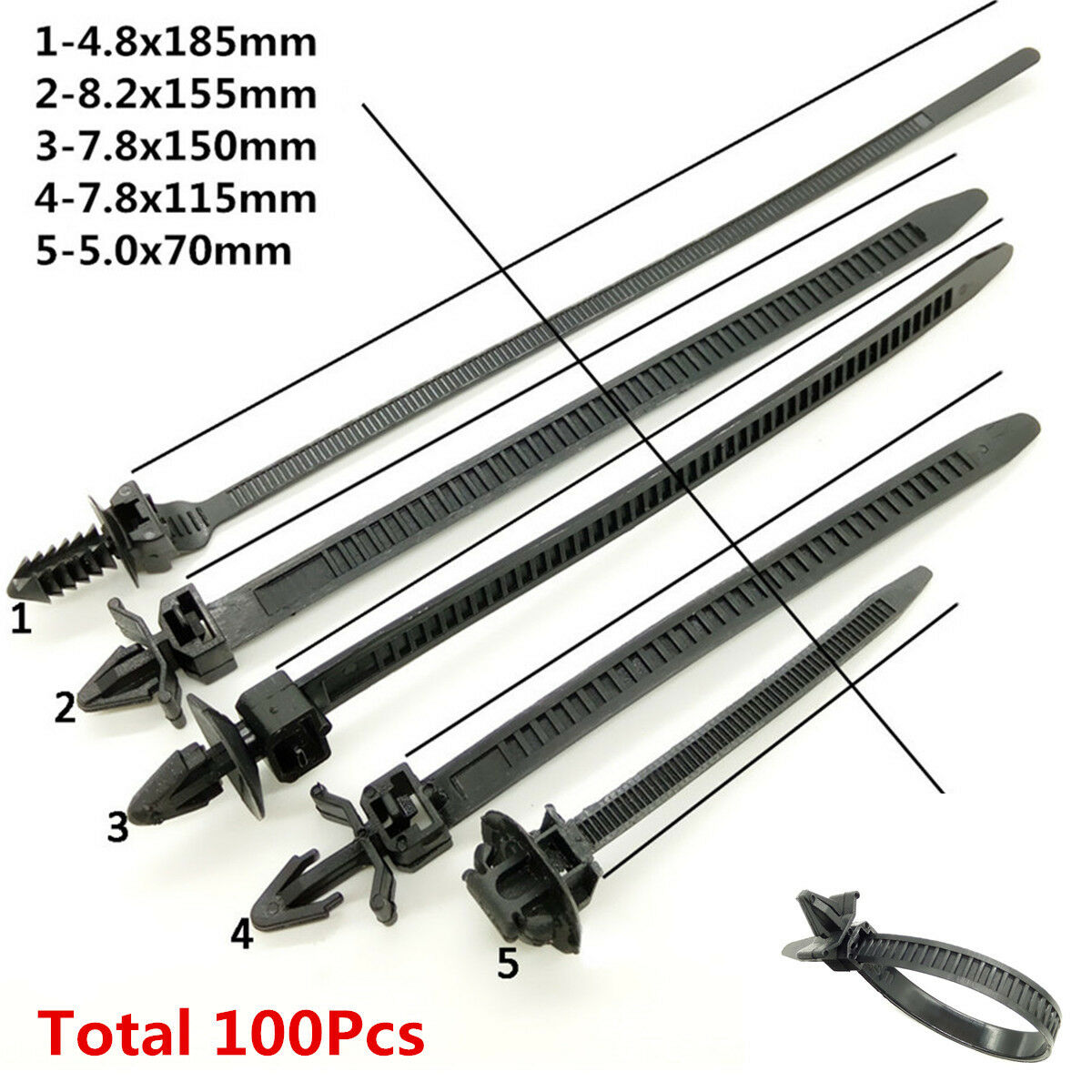 100Pcs Mix Car Cable Line Fixed Fastener Strap Nylon Bundled Wire Band Tie Wrap