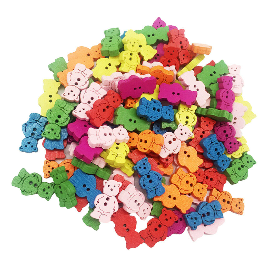100Pcs Multicolor Bear Wooden Buttons Scrapbooking Embellishments   11mm