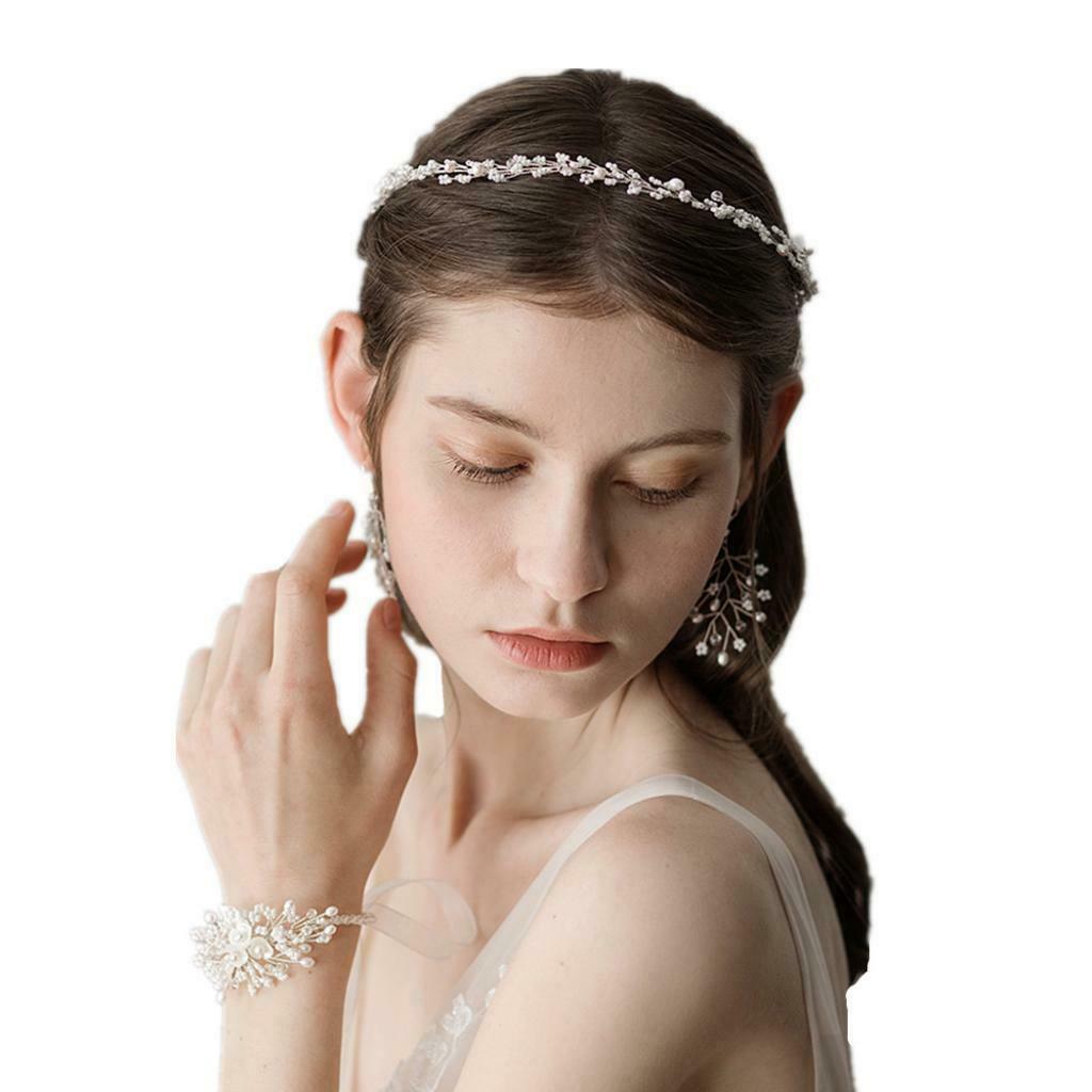 Pearls Beaded Headband Bridal Party Hair Band Vine Bracelet Earrings Set