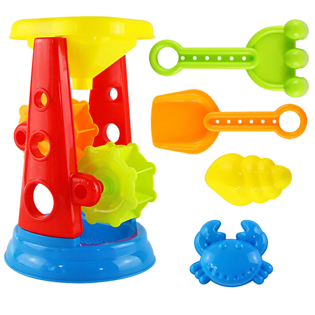 5pcs Kids Beach Toys Castle Building Playset With Water Wheel, Rake & Shovel