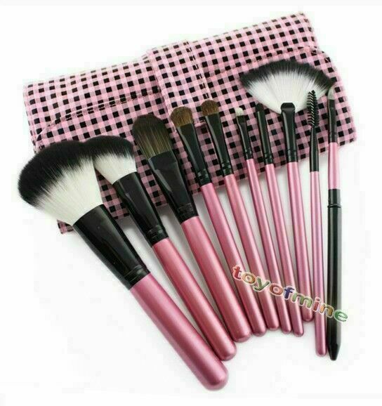 10 pcs Comestic Brushes Professional Goat Hair Makeup Set + Soft PU Hot Pink Bag